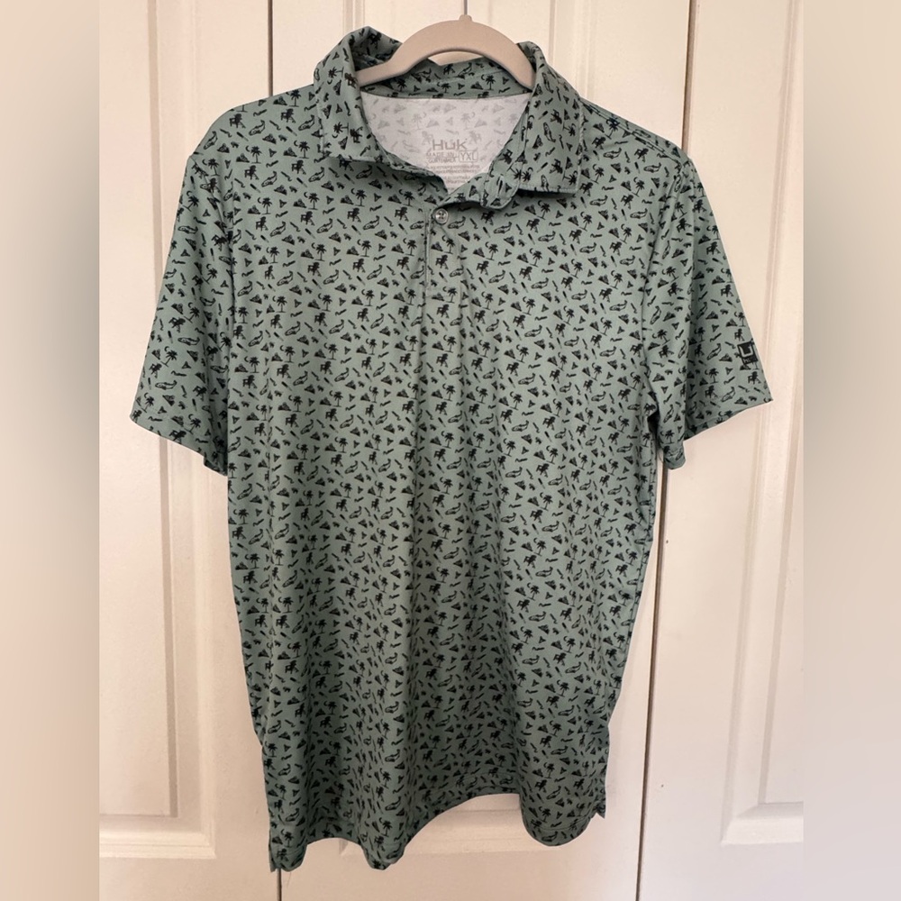 Huk Boy's Polo with Green and Black Fishing Pattern